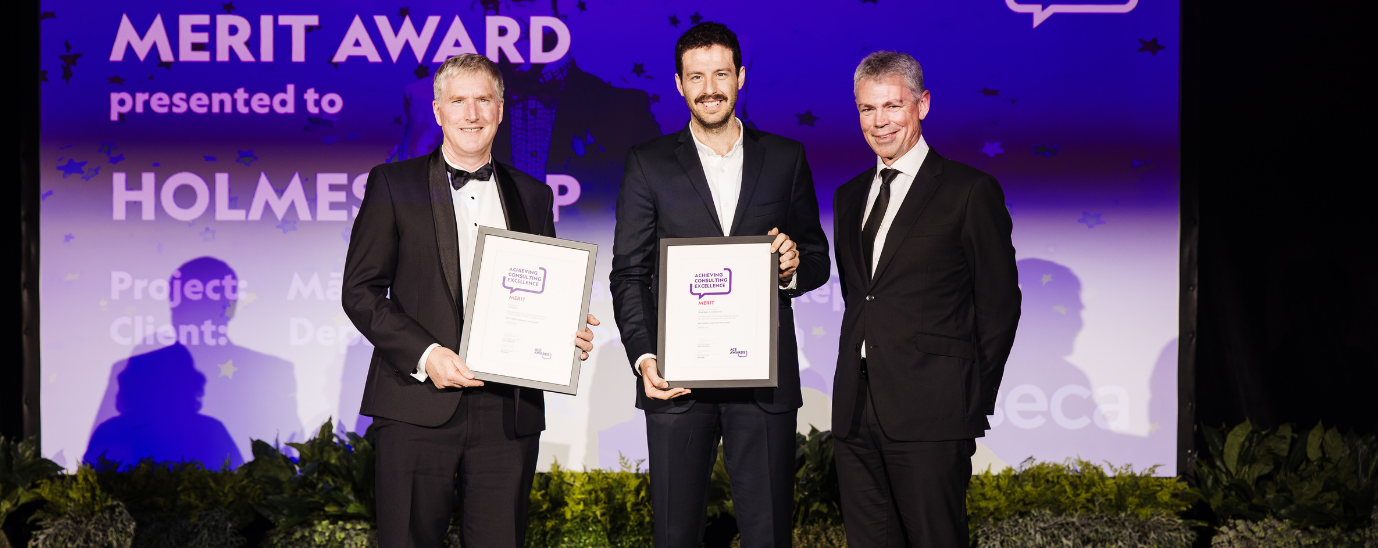 Holmes Group at the ACE Awards. Three men standing with their award