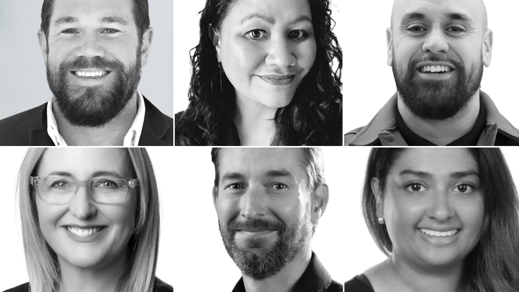 Black and white headshots of Julian Ramsay, Jacqui Simpson, Holger Zipfel, Hinerangi Hemara, Luke Price, Sharon Parackal, Rikona Andrews, and Durga Ragupathy.