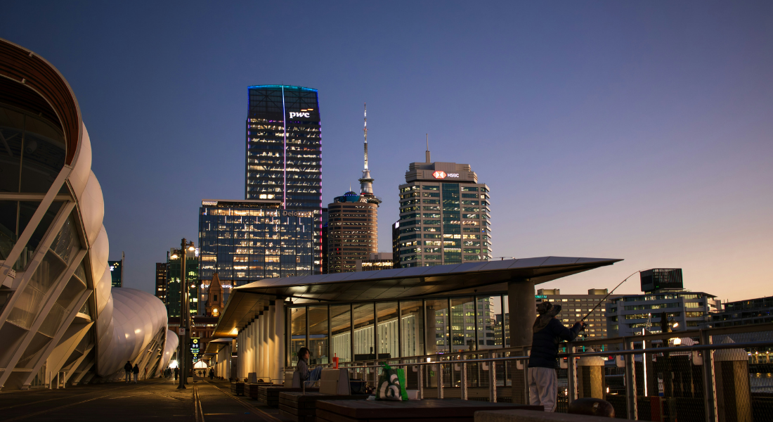 A photo of the Auckland city sky scape at night, including the Sky tower.